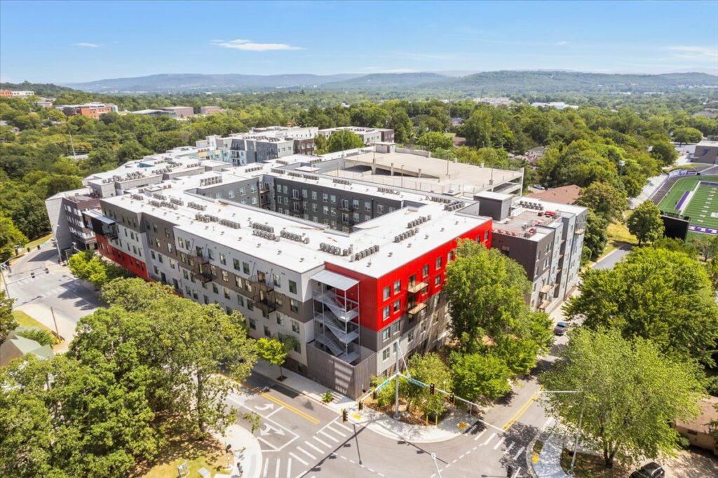 Aerial view of Cardinal W Center with red accent architecture and courtyard design
