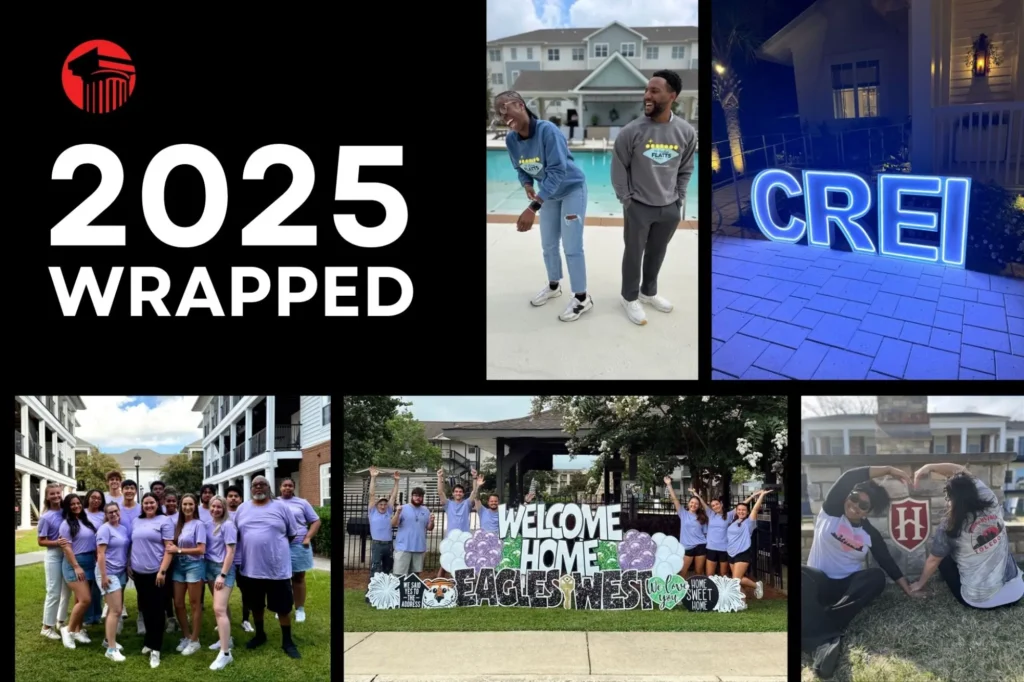 Collage graphic reading “2025 Wrapped” with team photos, community moments, and CREI branding.